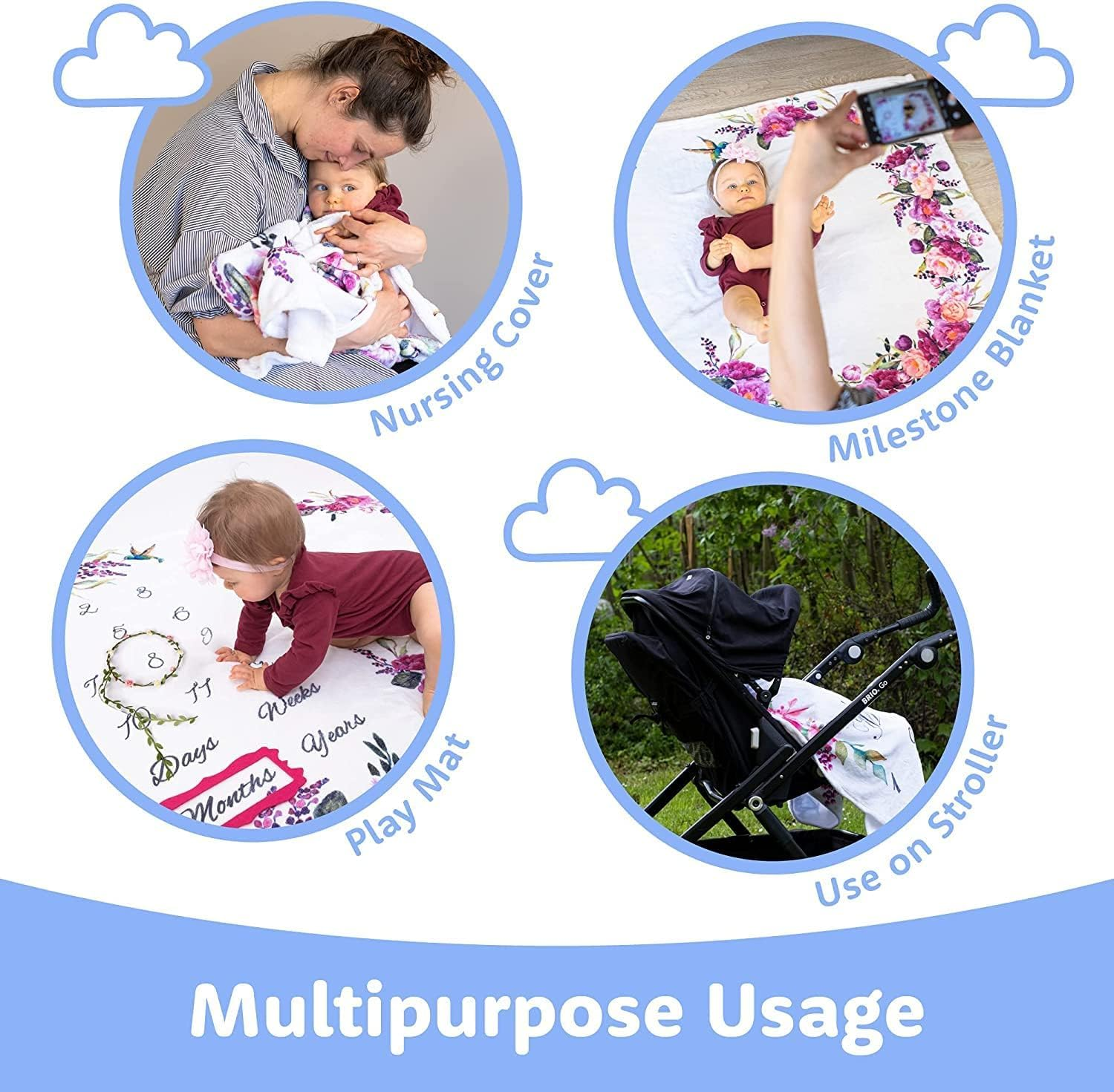 Baby Monthly Milestone Blanket Girl - Floral Plush Fleece Baby Photography Backdrop Memory