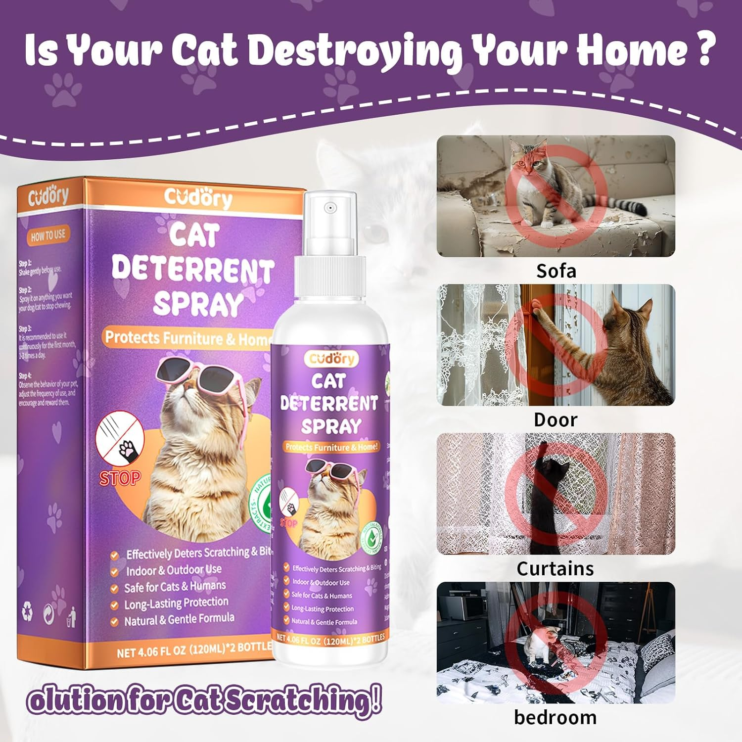 2 Pack Cat Deterrent Spray for Indoor & Outdoor&ndash; Cat Repellent Spray for Scratching & Marking &ndash; Anti-Scratch Deterrent for Furniture, Walls & Plants &ndash; Cat Spray for Behavior Correction(2 Pcs * 120 ML)