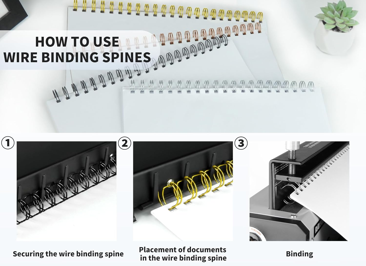 RAYSON Double Loop Wire Binding Spines, 5/8 Inch, 21 Holes, 2:1 Pitch, Binding Capacity 25-145 Sheets, Letter Size, Pack of 50 with Black, White, Rose Gold, Silver, Golden Multicolor image number 2