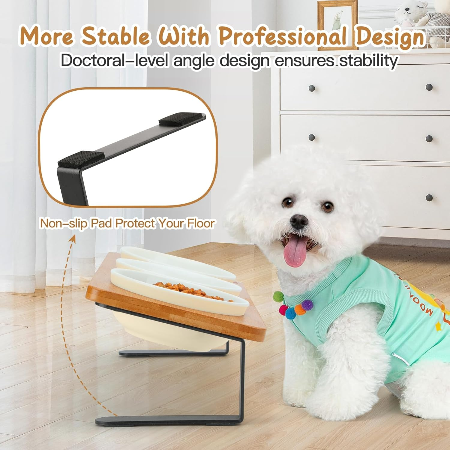 3 Elevated Cat Bowls Tilted anti Vomiting Ceramic Raised Cat Food Bowls for Food and Water, Cat Dishes for Indoor Cats with Non-Slip Stand & Bamboo Board, Dishwasher Safe - 1 Step Assemble