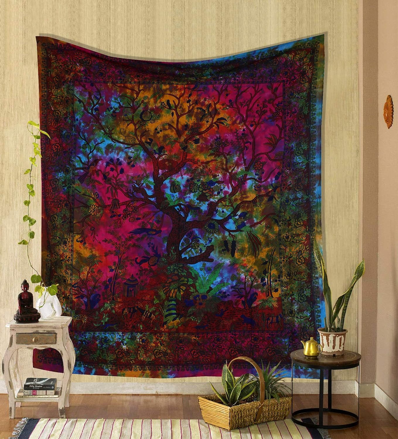 THE ART BOX Tapestry Green Tree of Life Wall Hanging Psychedelic Tapestries Indian Cotton Twin Bedspread Picnic Sheet Wall Decor Blanket Wall Art Hippie Bedroom D&eacute;cor (Medium, 60X54 Inch)
