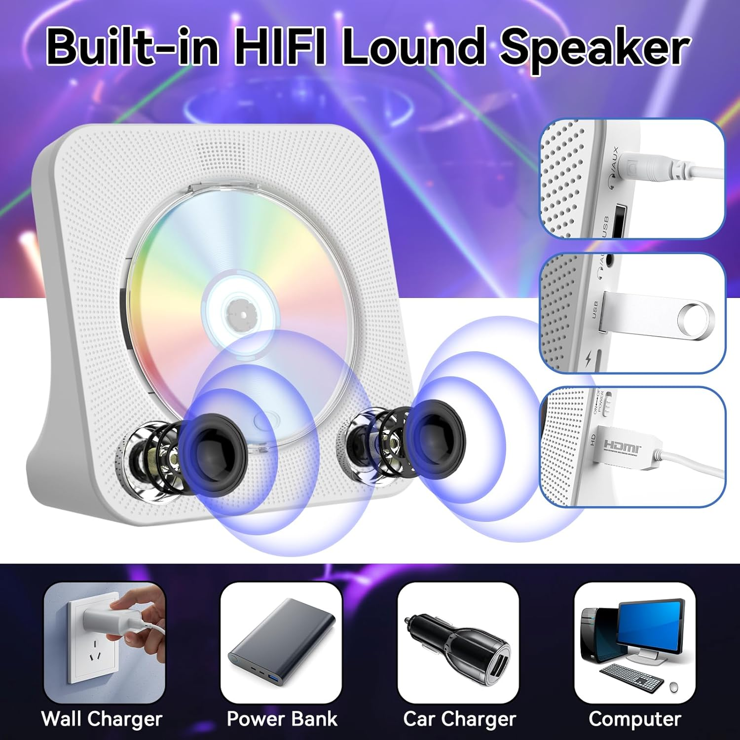 Qoosea DVD Player for TV with Bluetooth, HDMI and All Region Free Desktop DVD CD Player with Speakers Display Alarm Clock FM Radio USB Card Playback Include Remote Control, HDMI Cable(White) image number 2