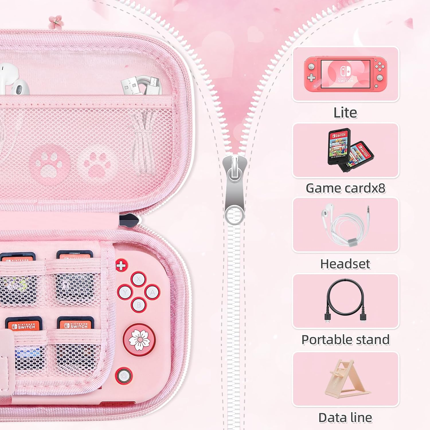 BRHE Pink Travel Carrying Case Accessories Kit for Nintendo Switch Lite, Hard Protective Cover Skin Shell with Stand, Glass Screen Protector, Sakura Thumb Grip Caps 9 in 1 image number 3