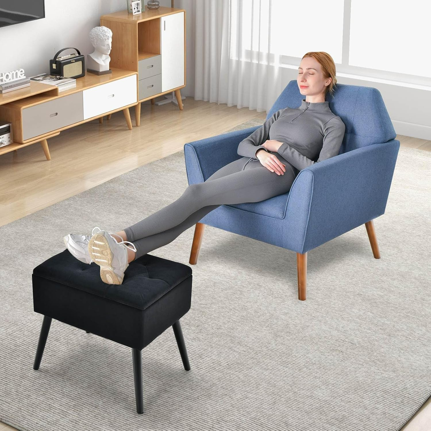 Costway Vanity Stool with Storage, Velvet Ottoman with Solid Wood Legs & Flip-Up Padded Seat, Modern Footrest Stool, Rectangular Shoe Changing Stool for Makeup Room, Entryway & Bedroom image number 1