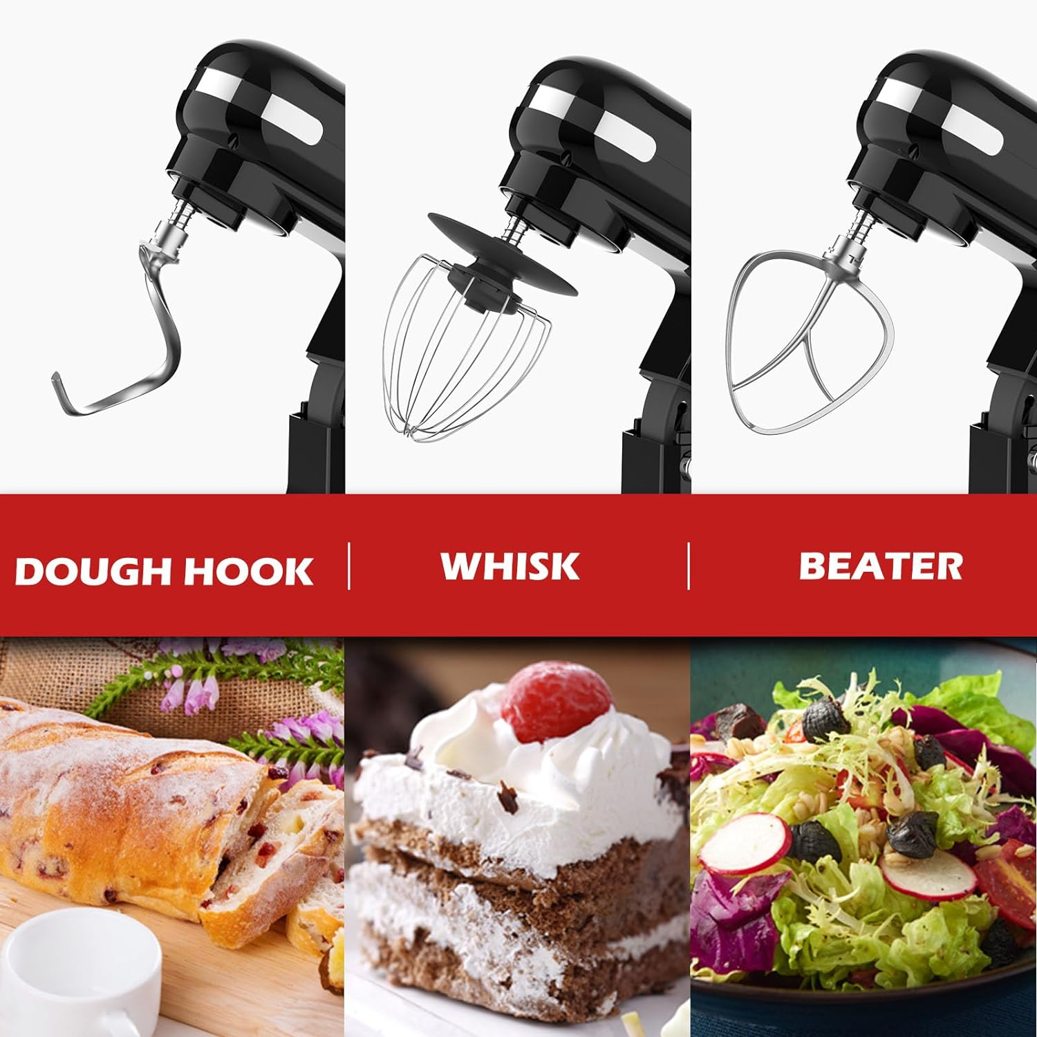 6.5L Stand Mixer, Black Electric Food Mixer, 6-Speed Flour Grinder Minced Meat, Kitchen Machine with Dough Hook, Whisk & Beater (1400W) - Green image number 3