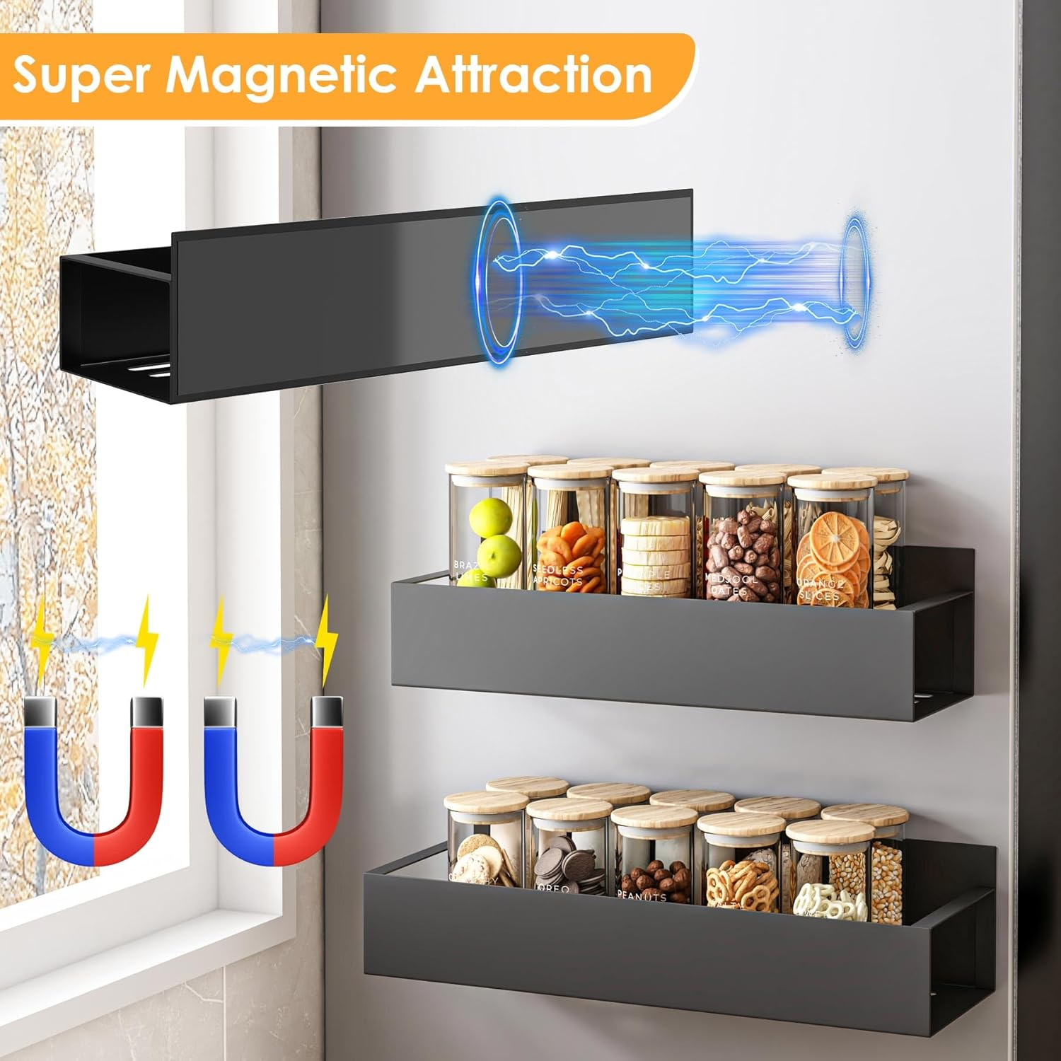 BREENHILL Magnetic Spice Rack,Spice Rack Organizer for Refrigerator, Moveable Magnetic Shelf for Fridge Organizer for Kitchen and Oven Organization (Black, 4 Pack) image number 3