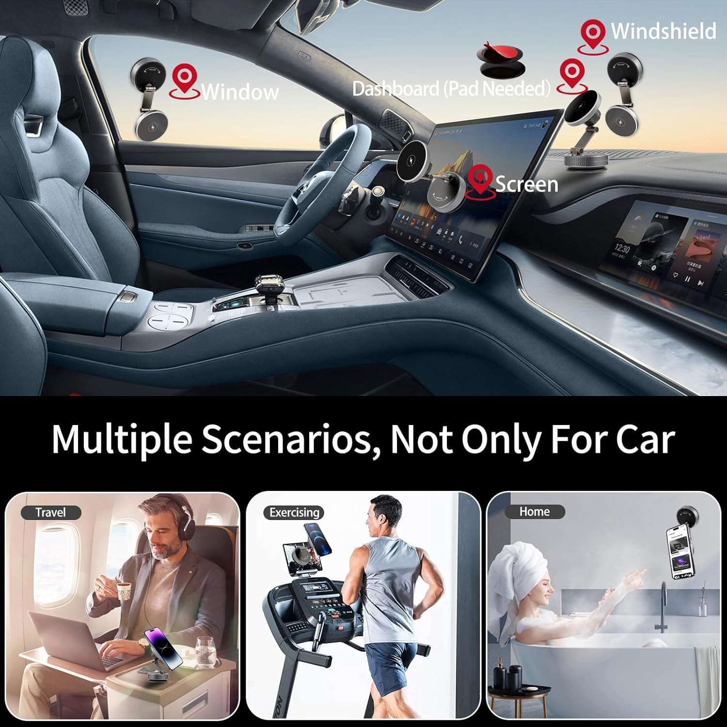 Car Phone Holder Charger-15W Fast Wireless Charging, 360&deg; Rotation Adjustable Magsafe Car Mount, 120LBS Strongest Vacuum Suction, 2800Gf Strong Magnetic Phone Holders for Iphone & Android image number 3