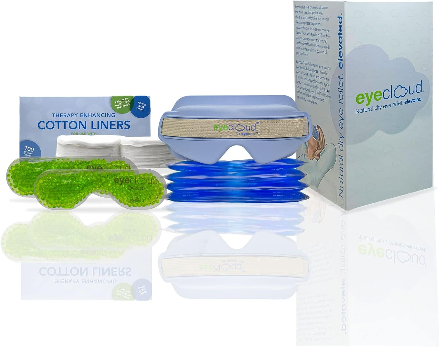 Eye Eco Eyecloud&trade; Home Kit - Natural Eye Compress Kit - Comfortable Cooling & Heating Eye Mask - Moisture Lock Technology for Soothing Comfort - Adjustable Straps (Blue)