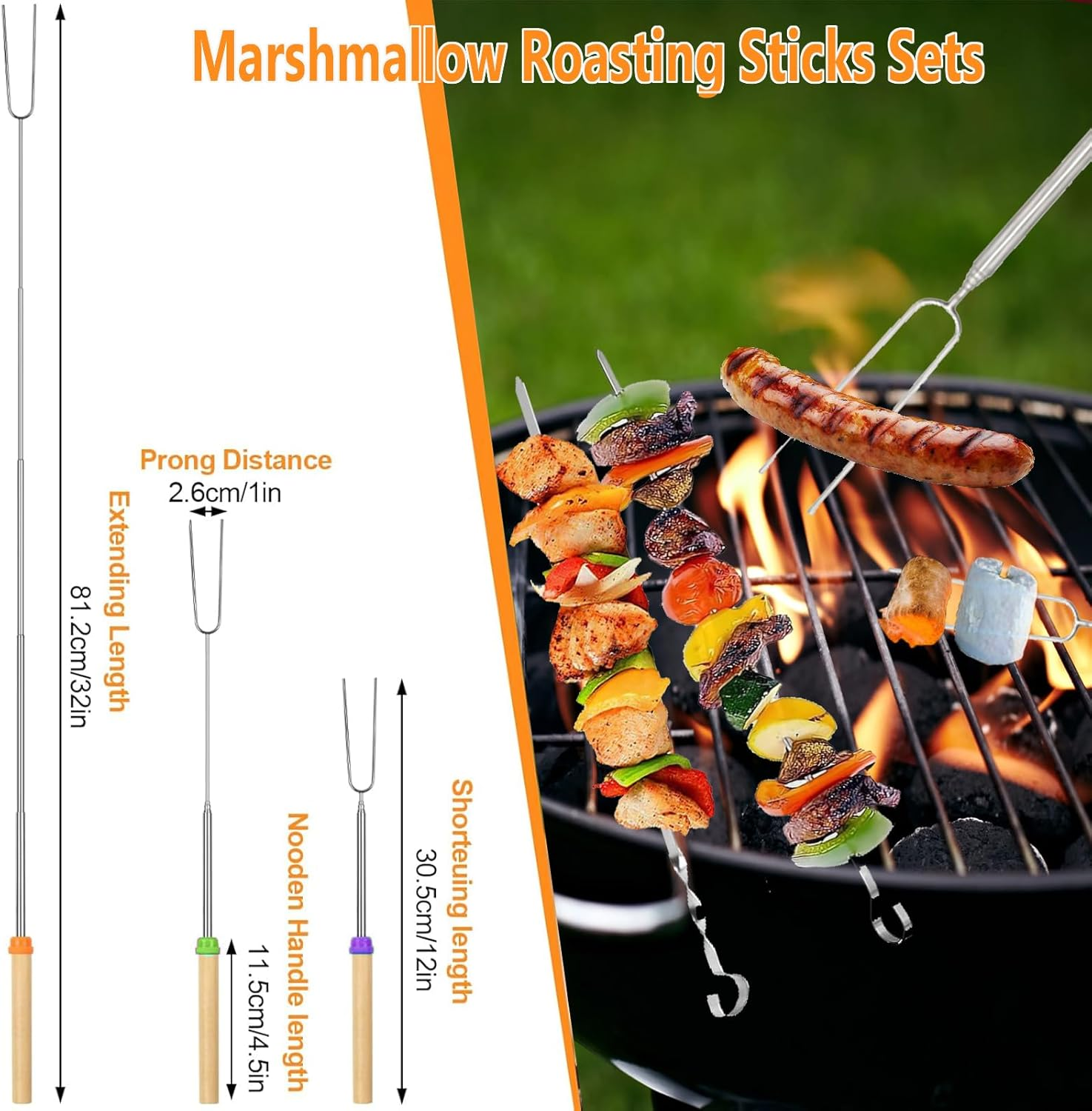 Marshmallow Roasting Sticks,8Pcs Extendable 32Inch Long Metal Barbecue Forks with 10 Kebab BBQ Skewers,Hot Dog Camping BBQ Stick Accessories,Smores Sticks for Fire Pit,Camping,Bonfire and Grill