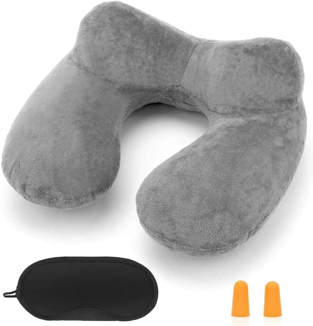 Travel Pillow, Inflatable Travel Pillow, Comfortable & Breathable Cover, Machine Washable, Airplane Travel Kit with 3D Contoured Eye Masks, Earplugs, and Luxury Bag (Black)