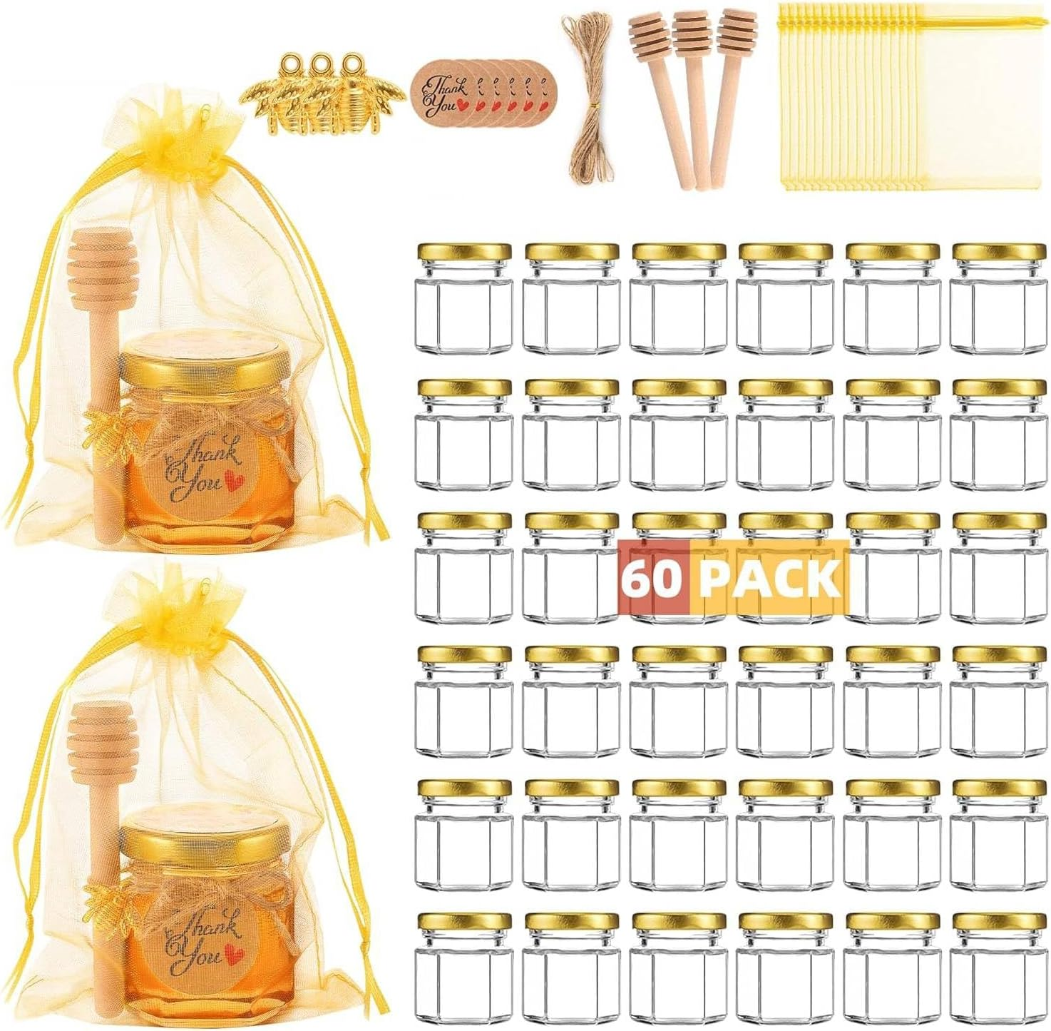 Mini Glass Honey Jars, 60 Pack 1.5 Oz Honey Jars, Hexagon Honey Container with Lid for Baby Shower Wedding Birthday Party Favors image number 1