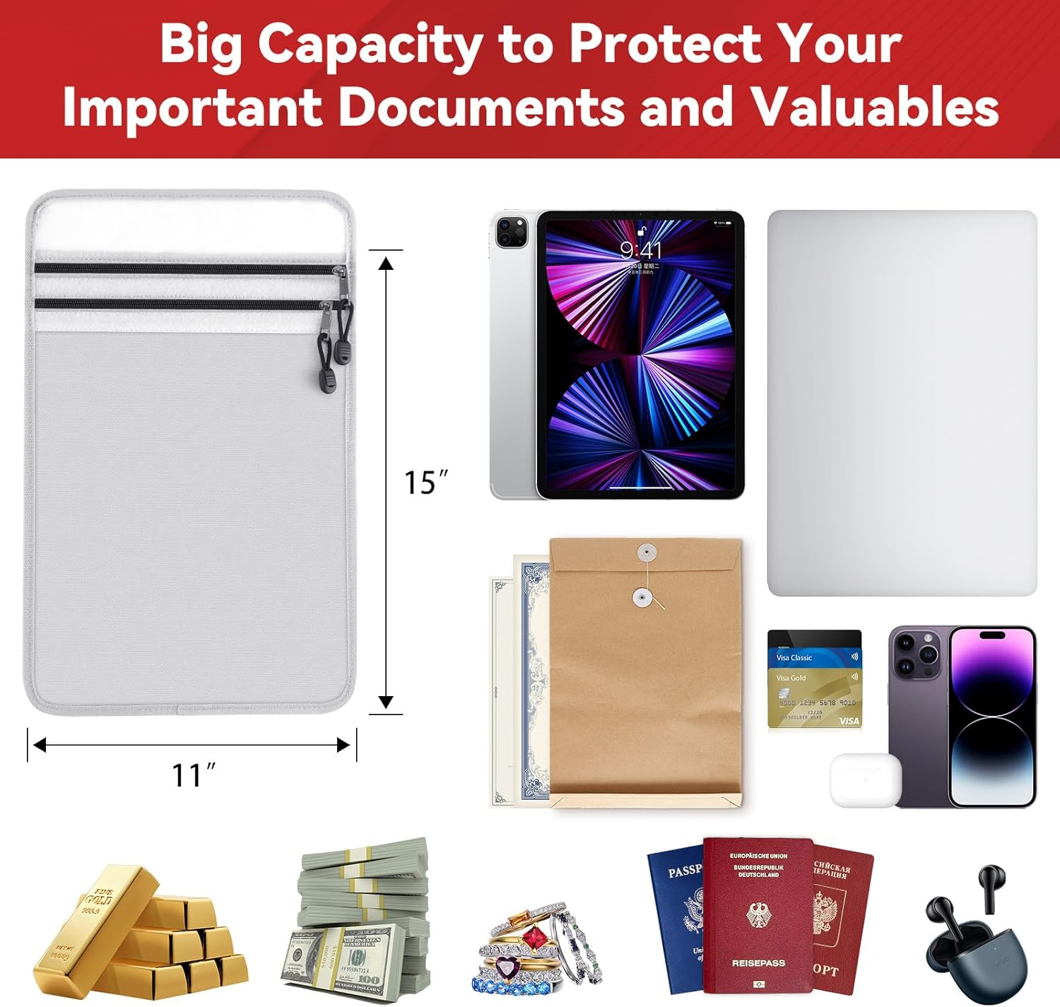 Upgraded Two Pockets Fireproof Document Bag - Kanhiro Water and Fire Proof Bag for Documents, 2192℉ Fireproof Money Bag with Zipper, Important Document Organizer for Passport, Cash, Legal File Safe image number 1