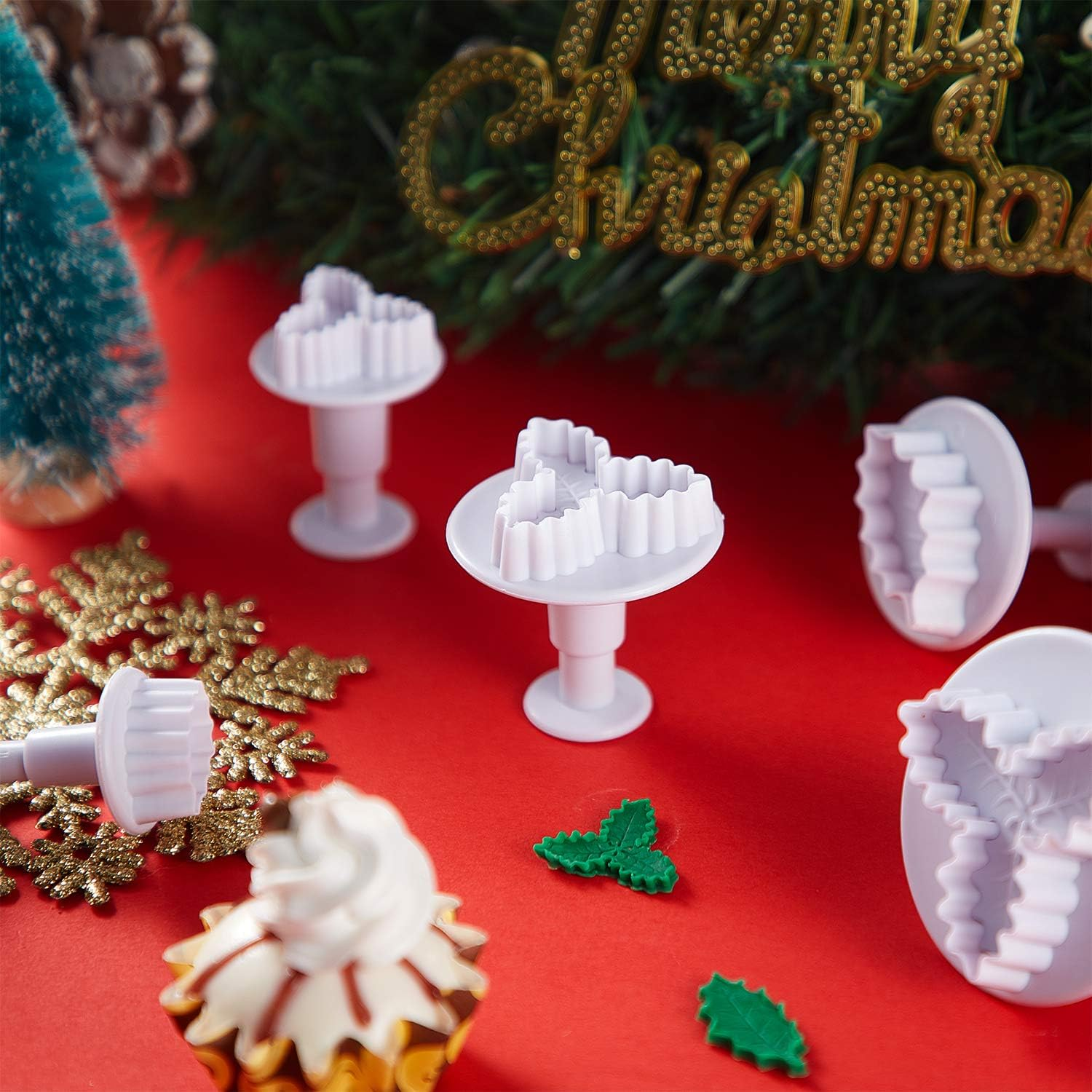 Patelai 12 Pieces Holly Leaf Plunger Cutter, Christmas Holly Leaves Cookie Fondant Mole Cutter, Christmas Party Cupcake Gum Paste Cutter for Sugar Craft Decorating Baking Tools image number 5
