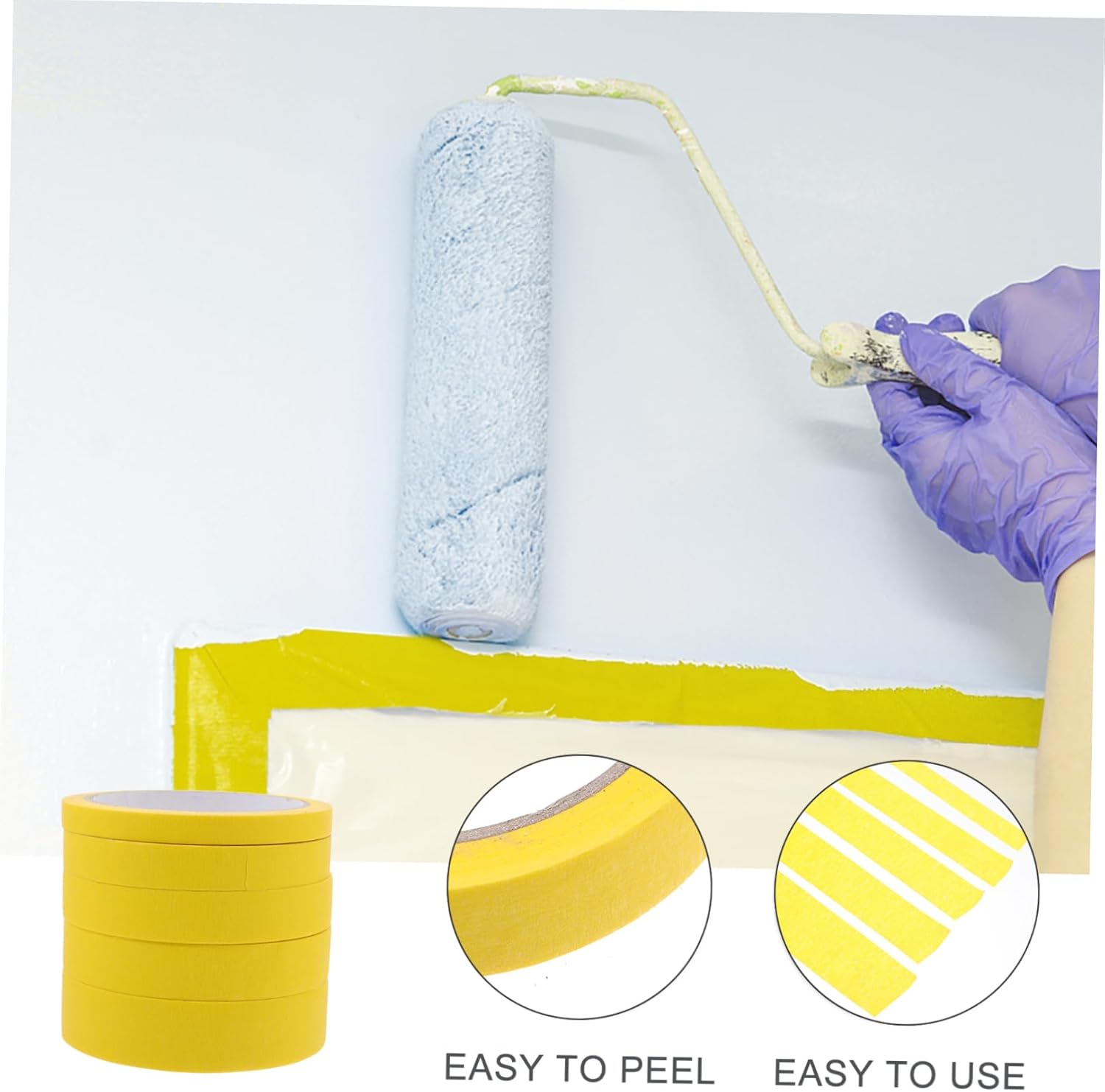 5Rolls Car Tape Masking Tape for Painting Yellow Paper Easy Peel Adhesive Masking image number 1