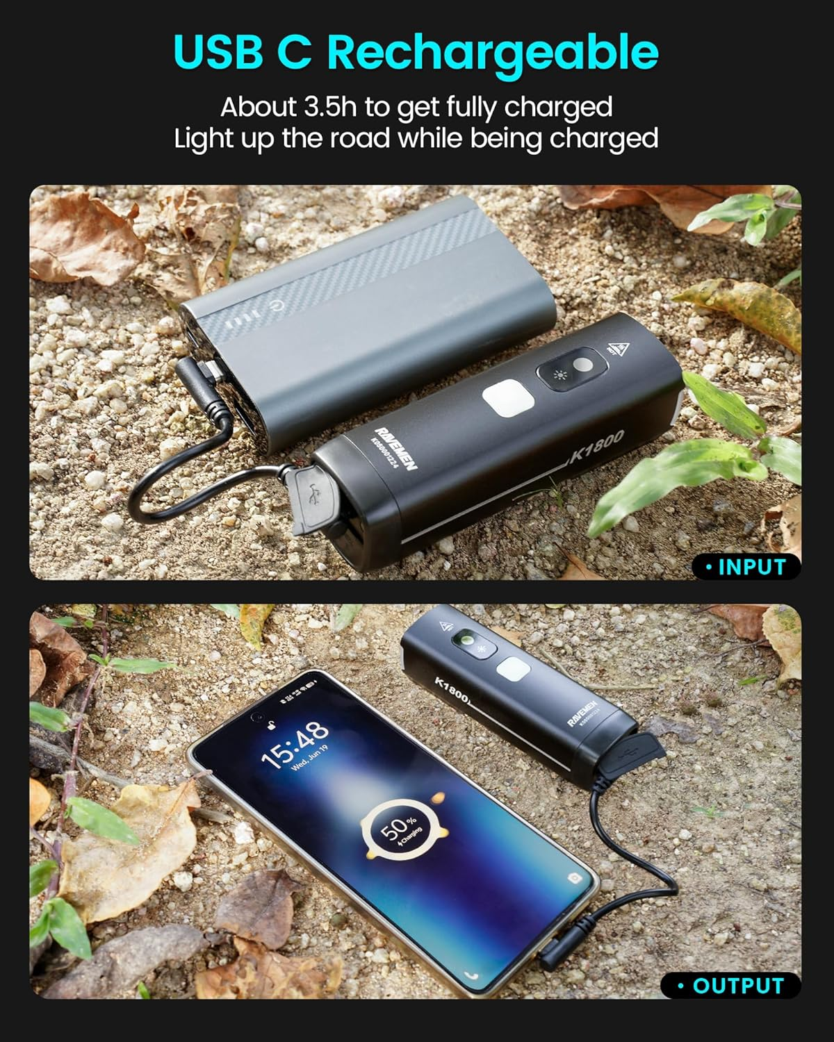 RAVEMEN K1800 Smart Bike Lights, Bright Bicycle Light with AI Night Riding Mode, Brightness Adjust, Auto On/Off, Usb-Output Feature, Daytime Intelligent Mode image number 4