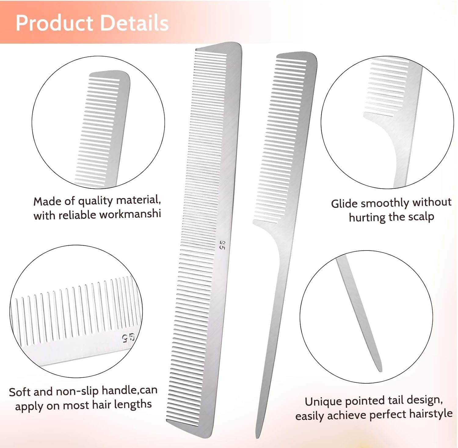 2 PCS Stainless Steel Hair Comb Set - Metal Rat Tail and Flat Top Barber Comb with Metal Pick for Teasing, Styling, and Cutting image number 1
