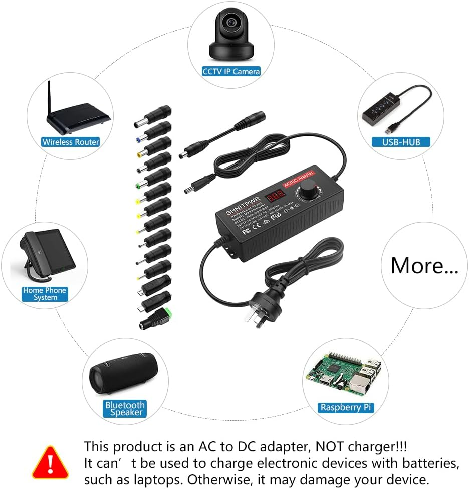 SHNITPWR 108W Universal Power Supply Adjustable DC 3.5V~36V 3A AC/DC Adapter 12V 24V 36V 5V 6V 9V 14V AC Adapter Multi-Voltage 100V~240V AC to DC Variable Power Converter DC Power Adapter with 14 Tips image number 1