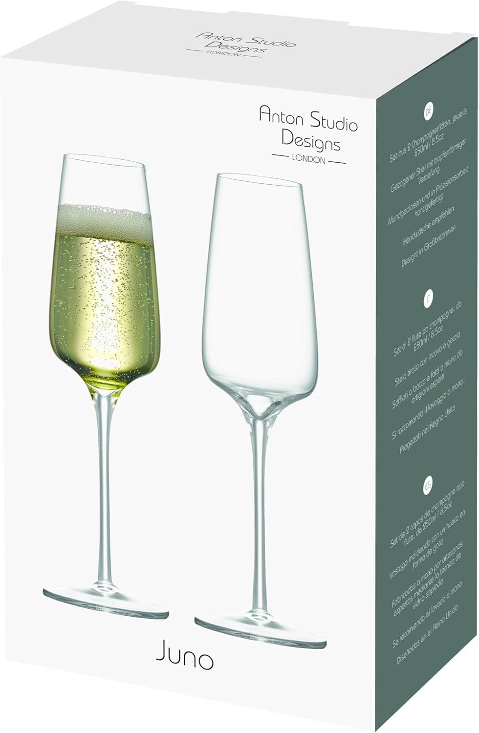 Anton Studio Designs Juno Handcrafted Contemporary Champagne Flutes, 250 Ml, Clear, Set of 2, Perfect for Weddings
