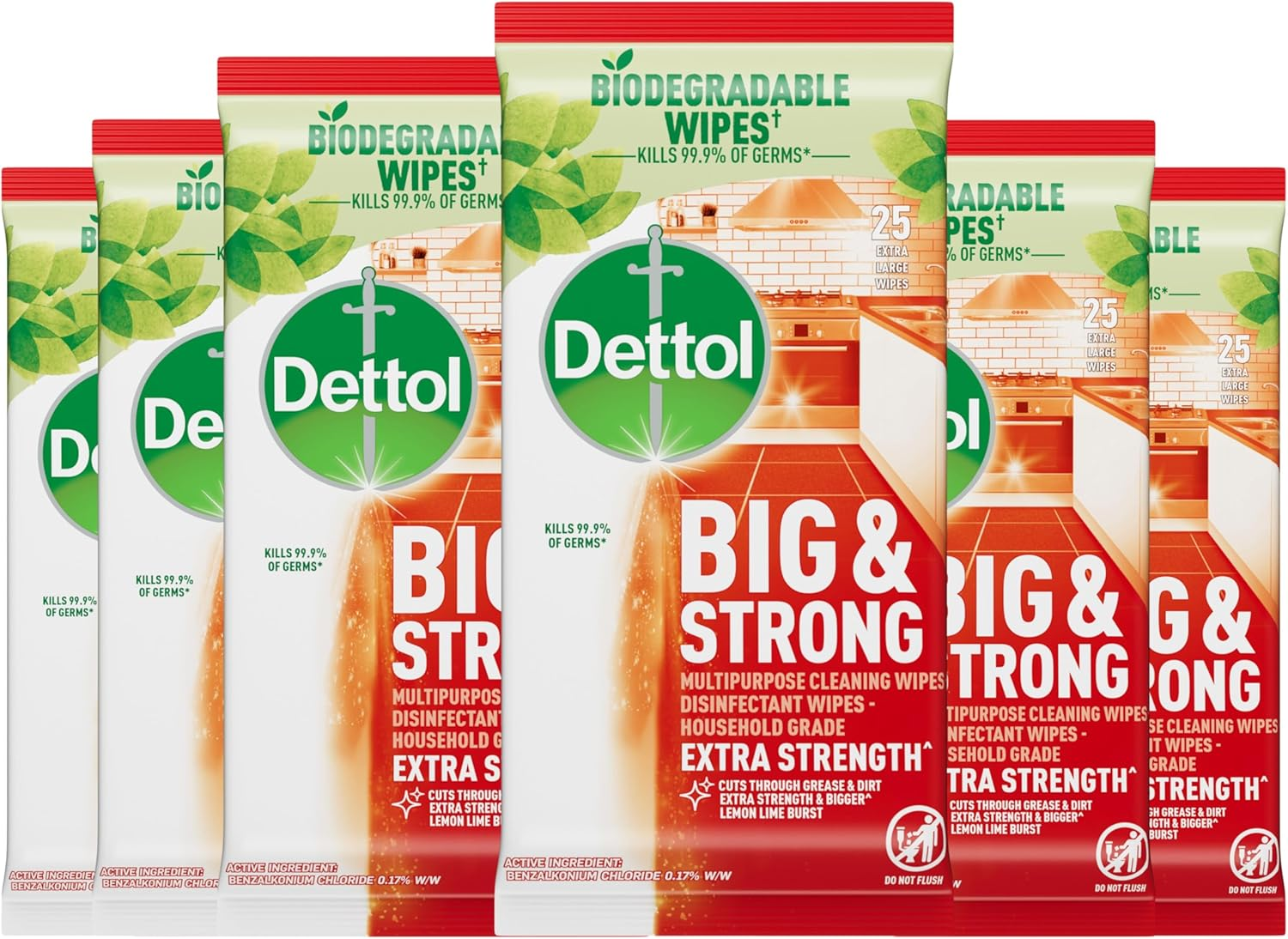 Dettol Big and Strong Kitchen Antibacterial Cleaning Wipes Citrus, 25 Wipes X 6 Pack image number 4