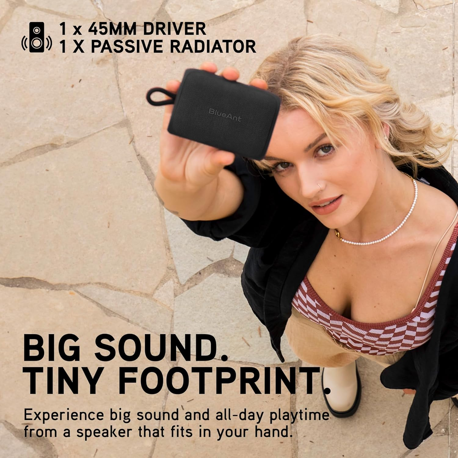 Blueant X0I Mini Portable Bluetooth Speaker, Compact Design with Big Sound, Splashproof for Outdoor Use, Long Battery Life, Black image number 1