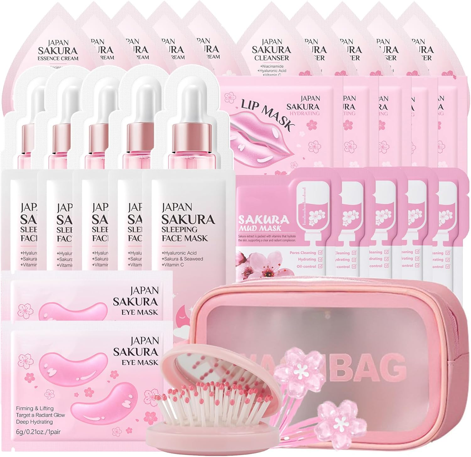 Sakura Skin Care Set for Teenage Girls, Facial Skincare Sets & Kits-Cleanser, Serum, Sleeping Mask, Mud Mask, Eye Mask, Face Cream, Perfectly for Hamper Baskets, Travel Skincare Set 37PCS image number 1