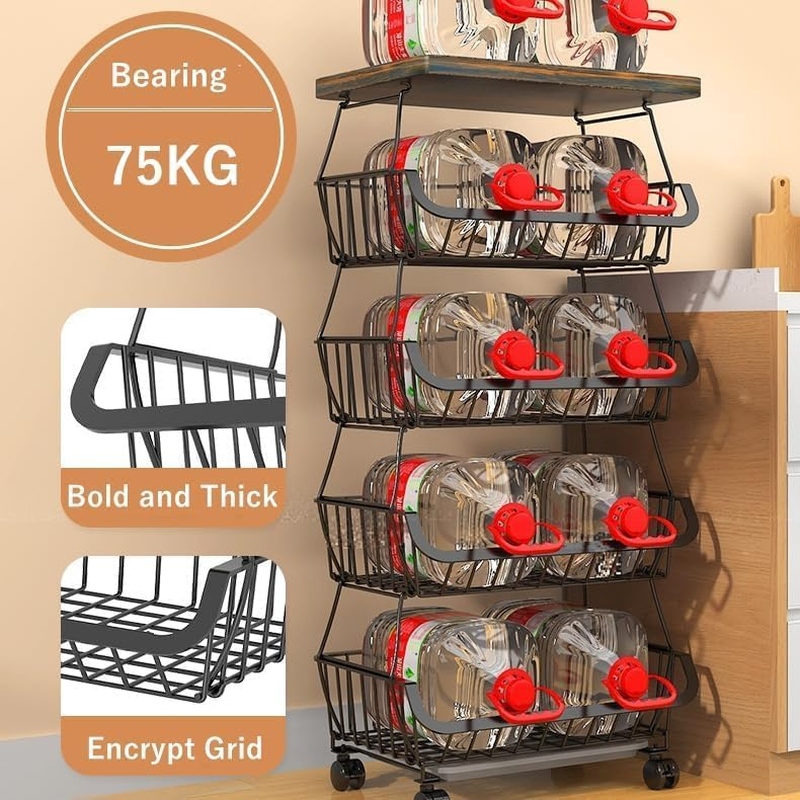 Baotkere 4 Tiers Shelf Metal Wire Baskets with Wheels, Kitchen Organizer, Stackable Storage Bins, Fruit and Vegetable Cart, Bathroom Tableware Rack image number 4