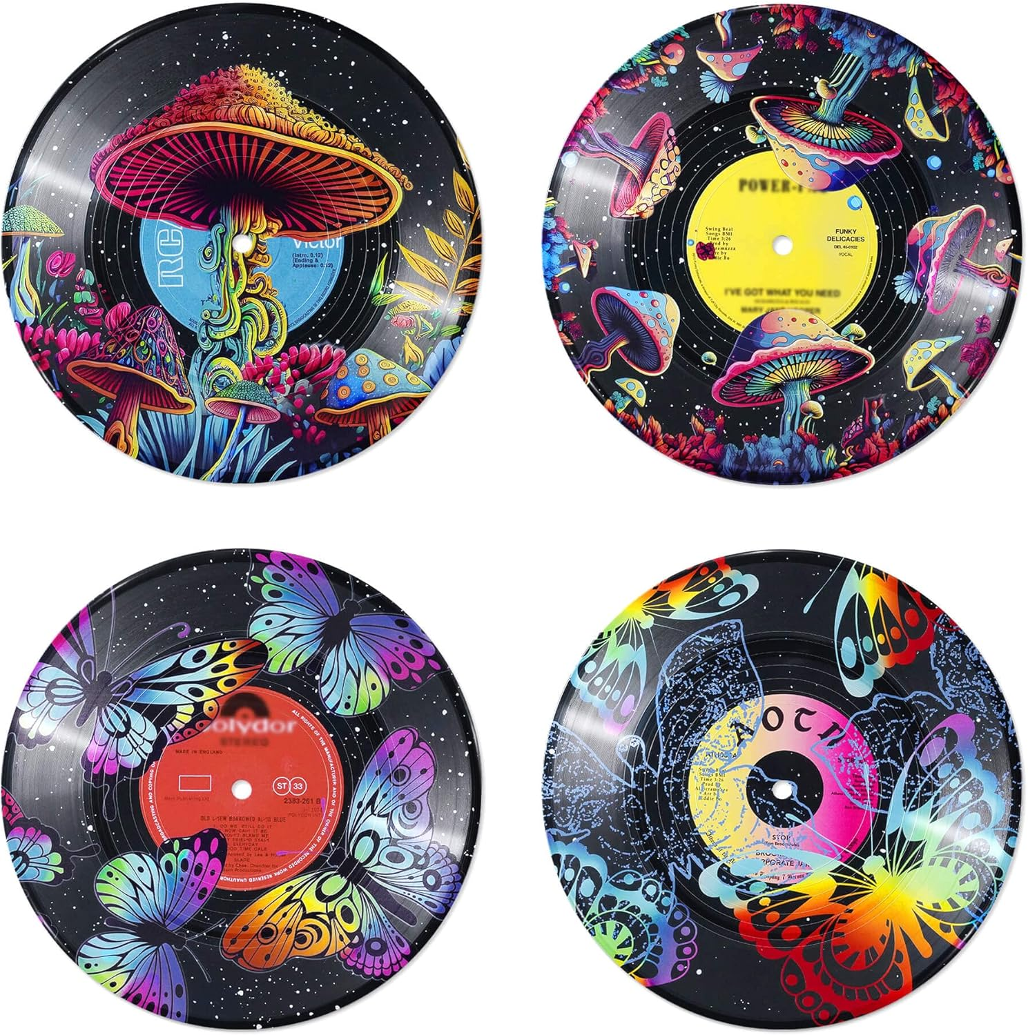 Putuo Decor Aesthetic Vinyl Record Set of 4 - Kawaii Indie Mushroom Room Decor, Pink Y2K for Teen Girls, Cute Pastel Danish for Kid'S Room (AMZVS0004)