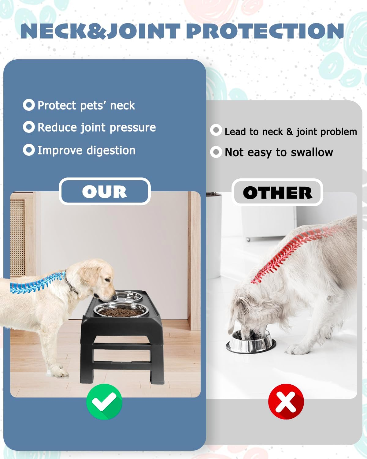 Elevated Dog Bowls, Raised Feeder Stand with 2 Stainless Steel Food Water Bowl, Pet Dish Feeding Station with 4 Adjustable Heights for Small Medium Large Dogs image number 3