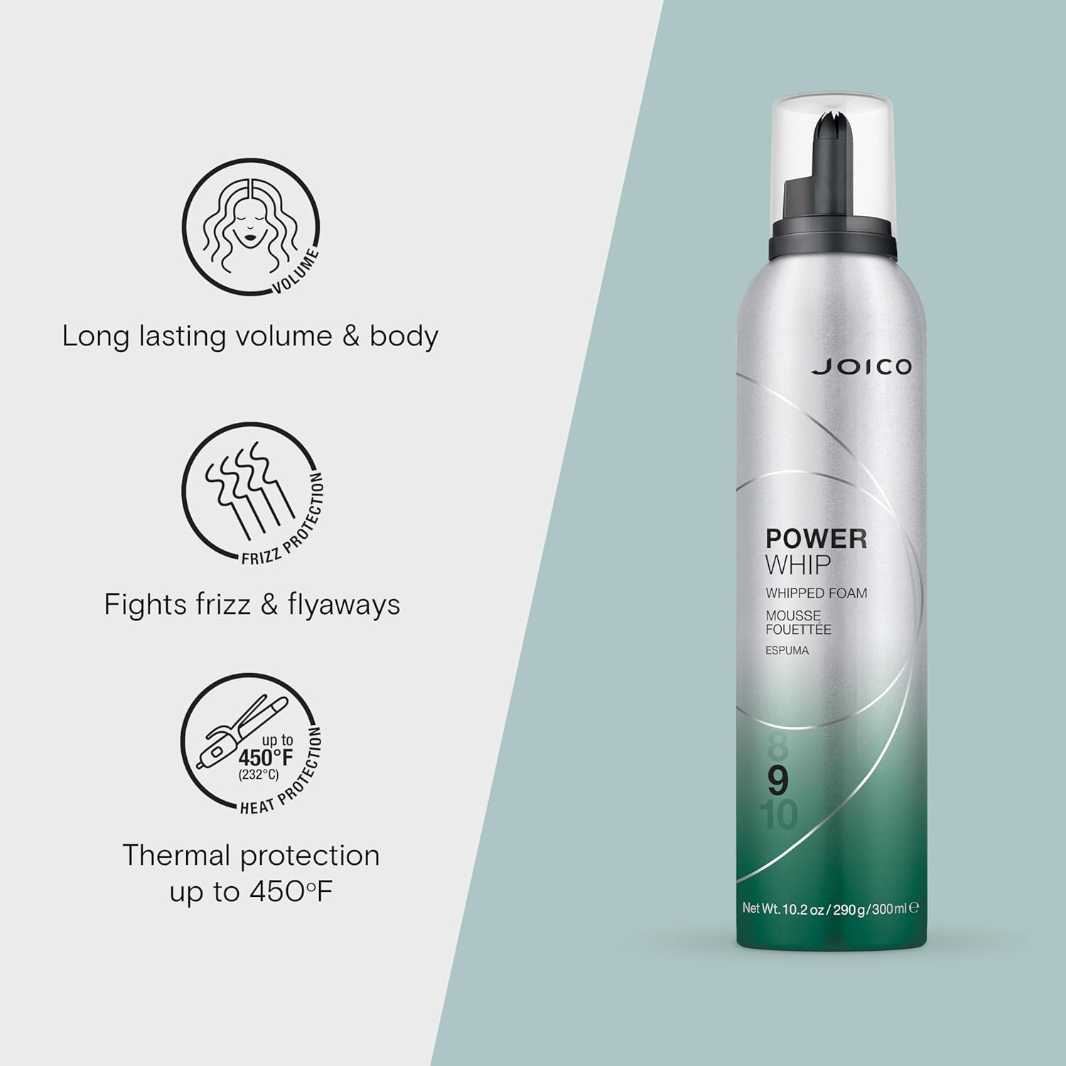 Joico Power Whip Whipped Foam | for Most Hair Types | Add Volume & Body | Thermal Heat, Humidity, & Pollution Protection | Boost Shine | Control Frizz & Flyaways | Silicone & Paraben Free | 10.2 Fl Oz image number 2