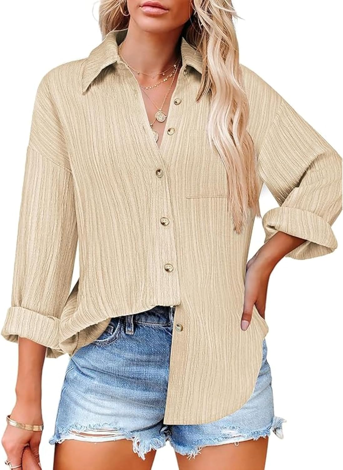Womens'S Long Sleeve Work Blouses Tops with Pocket Button down Shirts Dress V Neck Casual Solid Long Sleeve