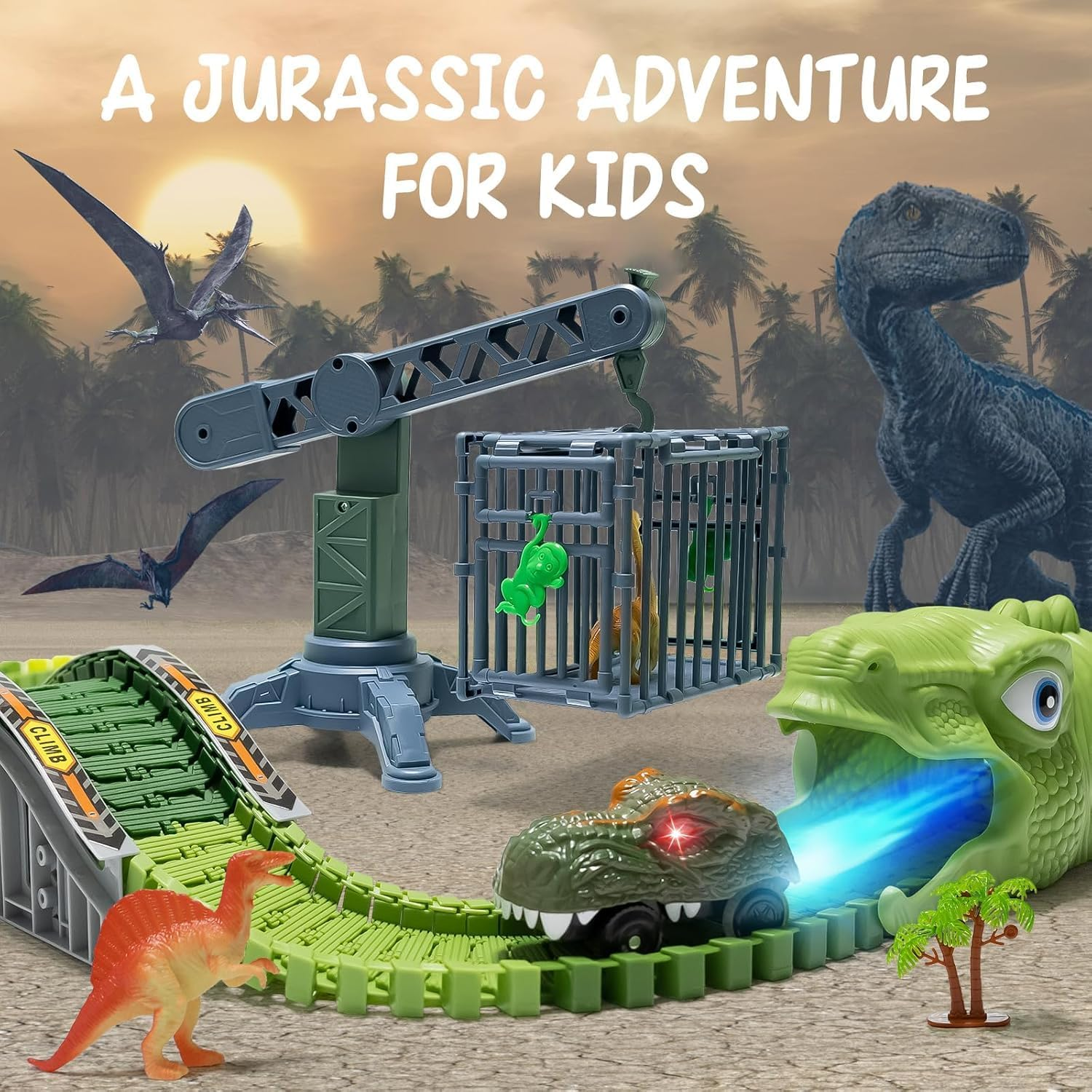 Dinosaur Toys, 279PCS Dinosaur Race Track Train Toy with 4 Dino Cars, 6 Dino Toys, 279 Track Set,C Reate a Dino World Road Race, Toys for Boys Kids Toddlers 3 4 5 6 7 8 10+ Year Old & Up image number 1