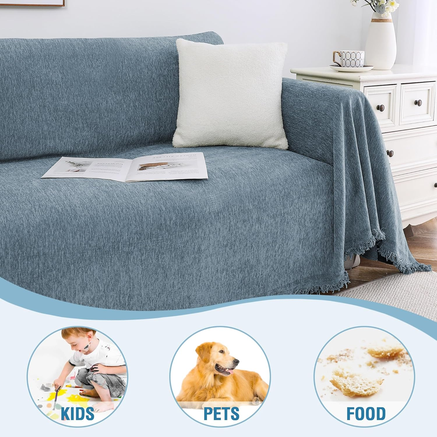 Smarcute Sofa Cover Chenille Couch Cover for 3 Cushion Couch Washable L Shped Sofa Cover for Living Room Tear Resistance Loveseat Cover Throw Covers for Dogs(Xx-Large,180X381Cm,Stone Blue)