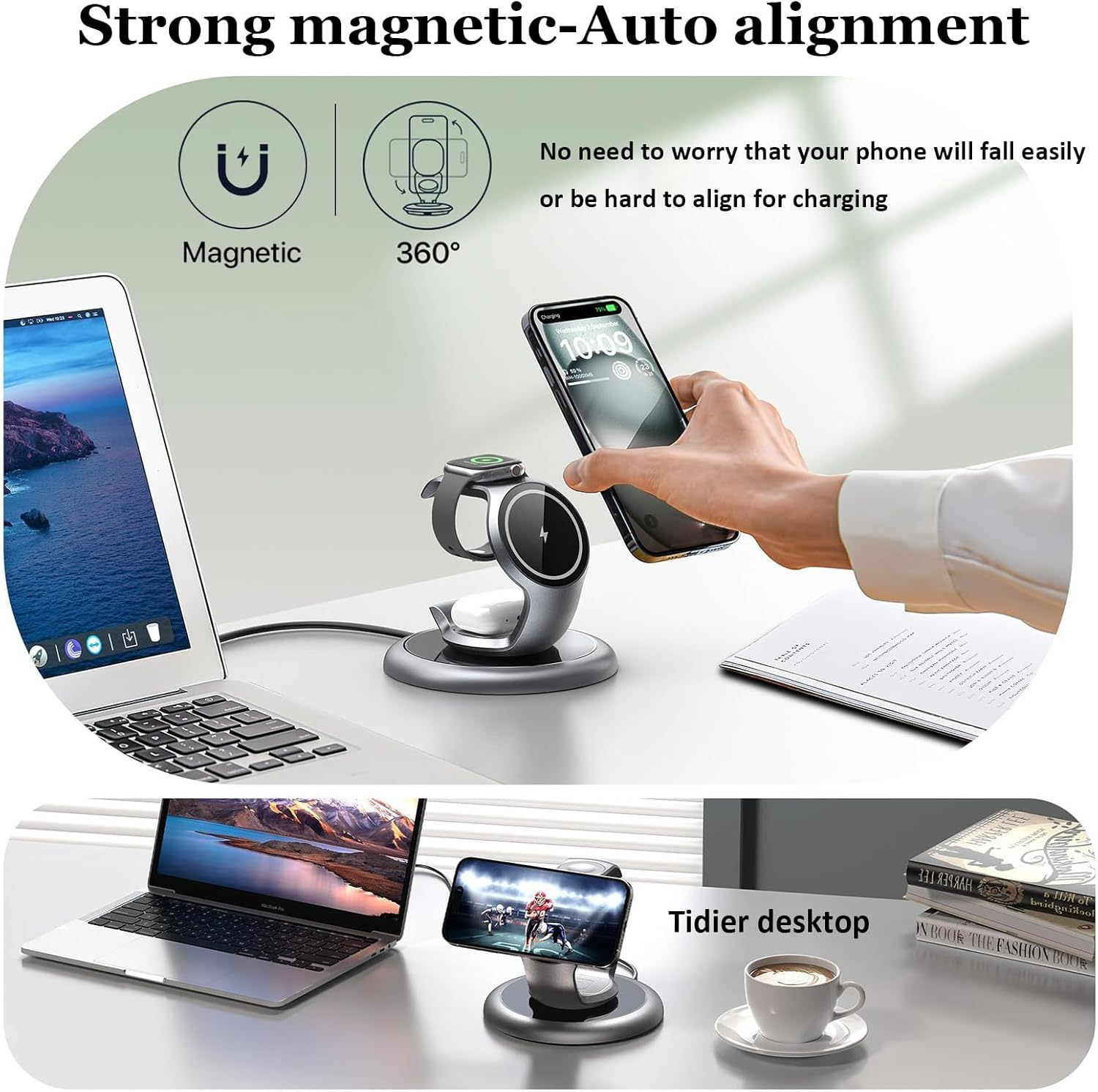 EXW 15W Wireless Charging Station for Magsafe Charger, 3 in 1 Wireless Charger for Apple, Fast Magnetic Charger Stand for Iphone 17/16/15/14/13/12, Apple Watch, Airpods (Silvergrey, with 20W Adapter) image number 1