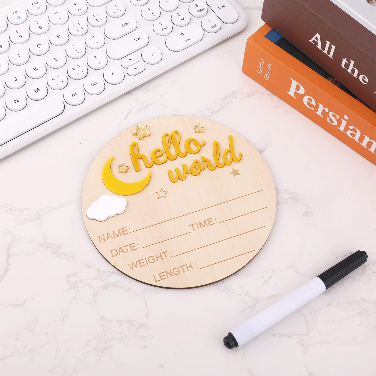 Wooden Hello World Newborn Sign, Cute Birth Announcement Board Baby Announcement Sign Newborn Welcome Sign Baby Name Plaque for Nursery Hospital Girl Boy Baby Shower Photo Props(Yellow)