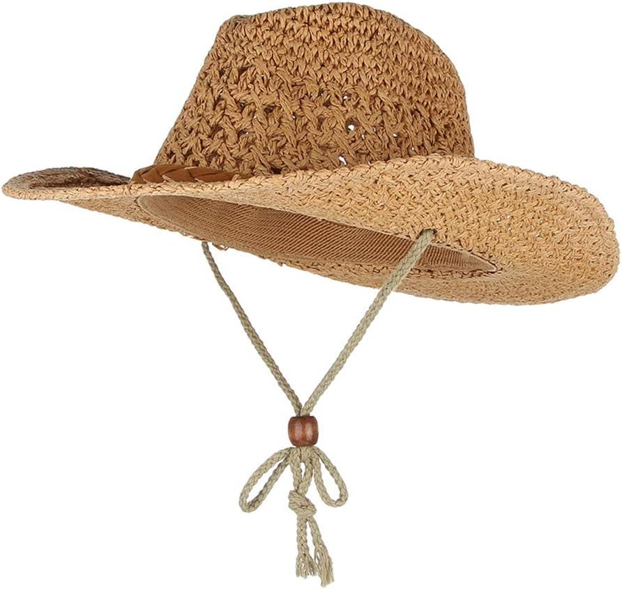 F Fityle Unisex Mens Womens Boys Girls Sun Hat Wide Brim Woven Western Straw Cowboy Hat - Khaki, Adult image number 6