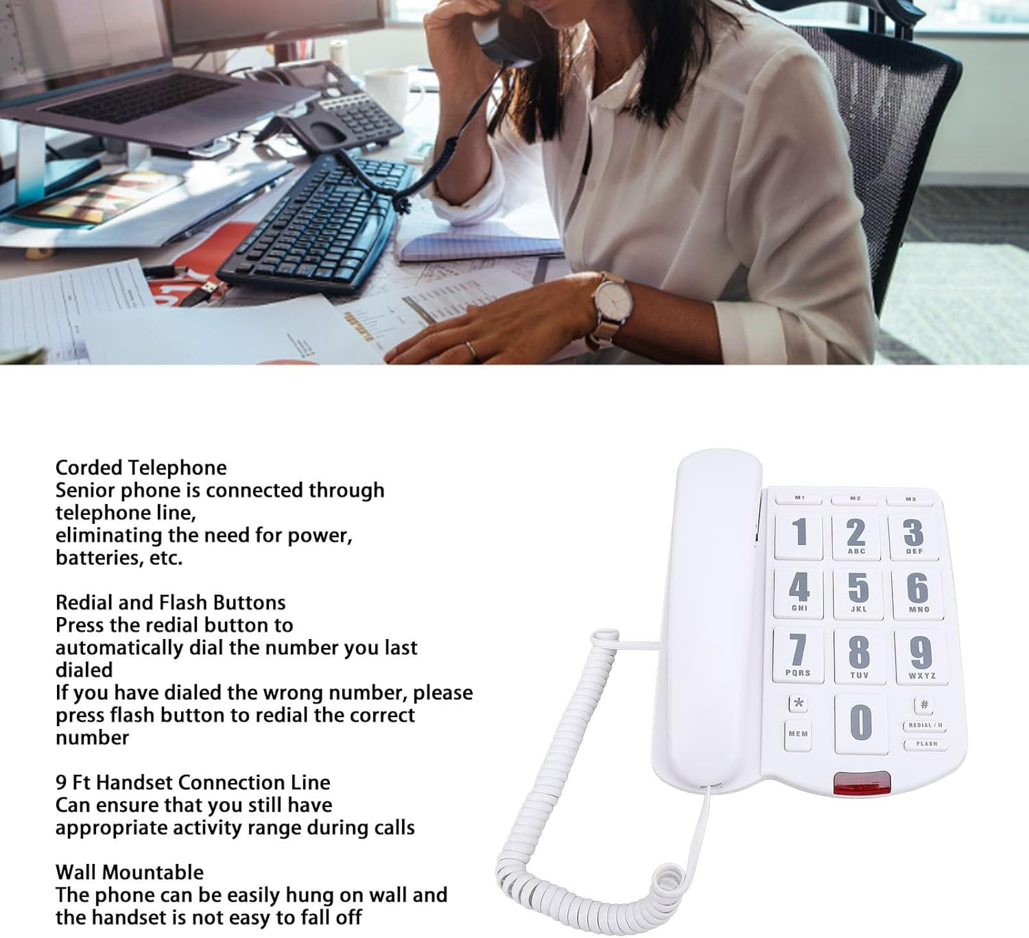 Corded Home Phone, Corded Phone with Speakerphone, Big Button Phone for Seniors, Volume Adjustable Corded Landline Telephone for Home Office (White) image number 6