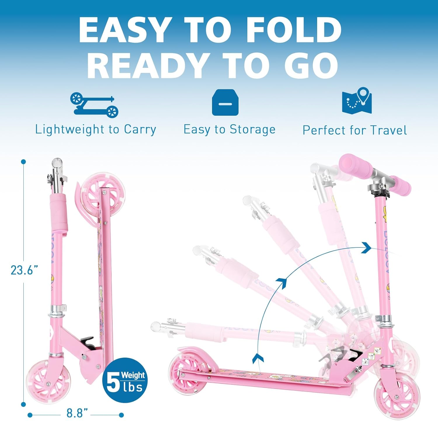 BELEEV V1 Scooters for Kids, 2 Wheel Folding Kick Scooter for Girls Boys, 3 Adjustable Height, Light up Wheels, Lightweight Scooter with Sturdy Frame, Kickstand for Children 3 to 12 Years Old image number 5