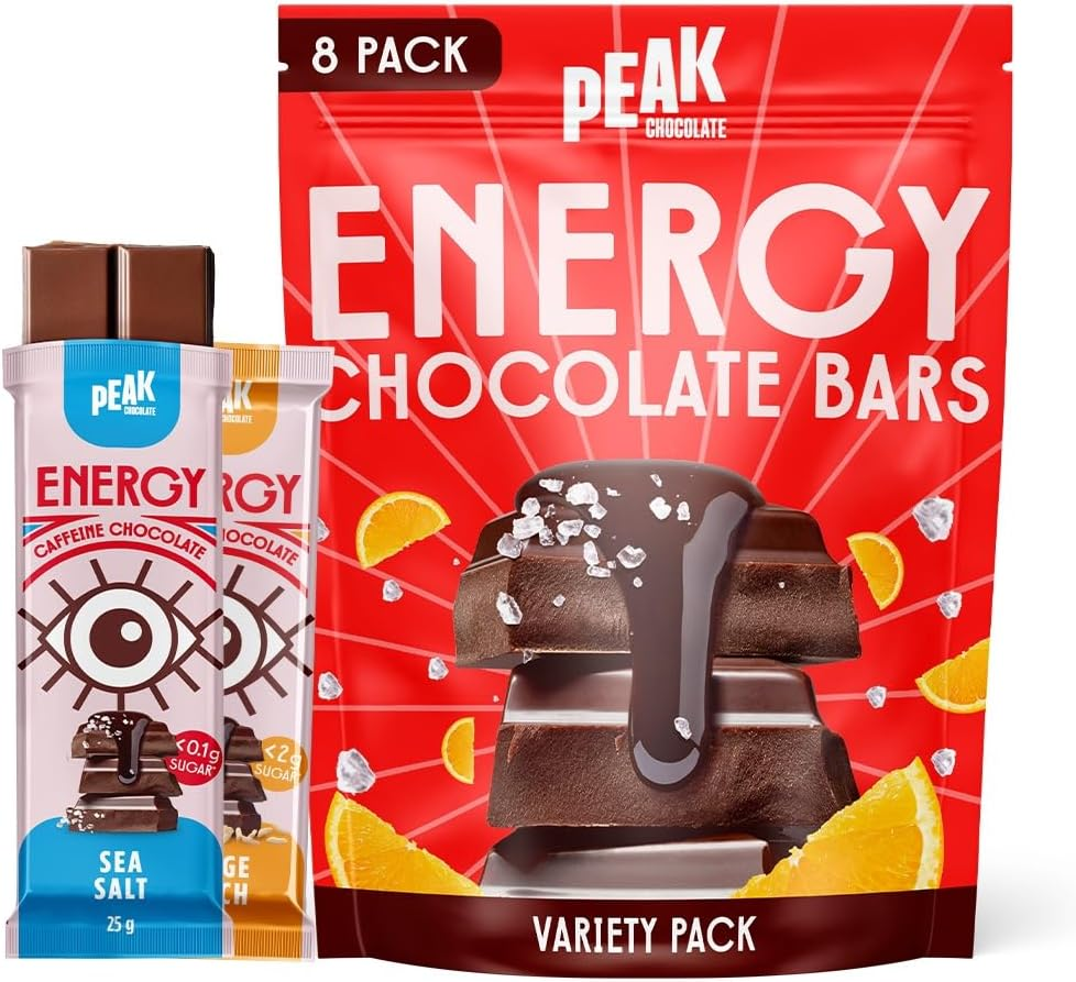 Peak Energy Caffeinated Dark Chocolate Energy Bars with Sea Salt - Sugar Free Chocolate, High Protein, 100Mg Natural Caffeine, Healthy Snack for Energy and Focus - Keto-Friendly - 14 Bars