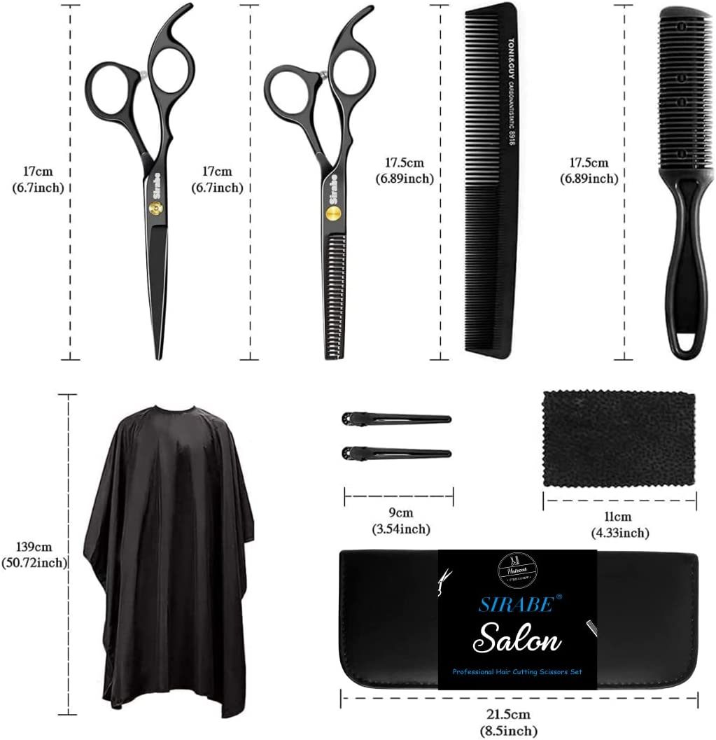Sirabe 10 PCS Hair Cutting Scissors Set, Professional Haircut Scissors Kit with Cutting Scissors,Thinning Scissors, Comb,Cape, Clips, Black Hairdressing Shears Set for Barber, Salon, Home