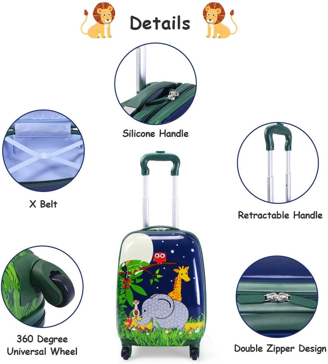 2PCS Kids Luggage Set Carry on with Spinner Wheels & Cute Elephant and Lion Pattern, Adjustable Trolley Rod Height & Backpack Shoulder Strap, Kids Luggage Set Made of ABS, Polycarbonate & Nylon Material