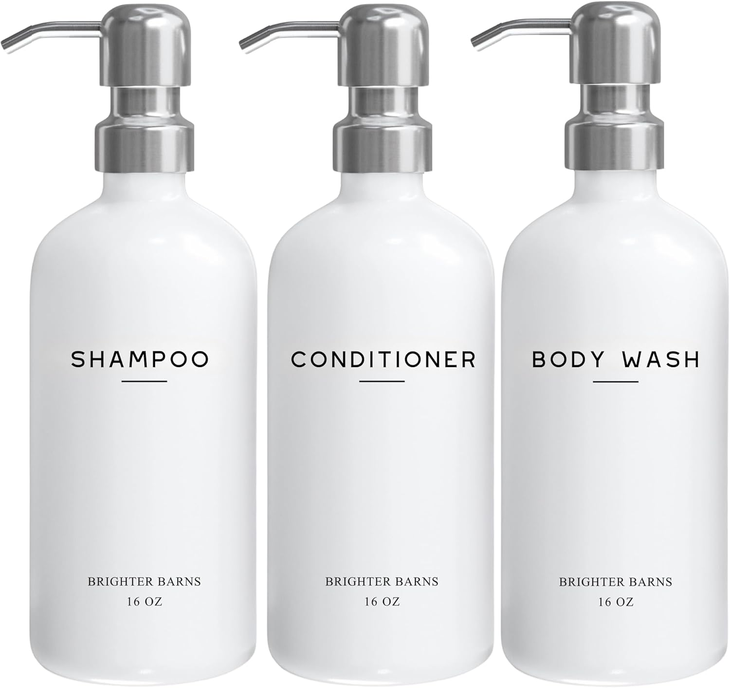 White Shampoo and Conditioner Dispenser Set by Brighter Barns - Shower Dispenser for Bathroom - Refillable Plastic Shampoo Bottle & Stainless Steel Pump - Shampoo Dispenser for Vacation Rental (White) image number 5