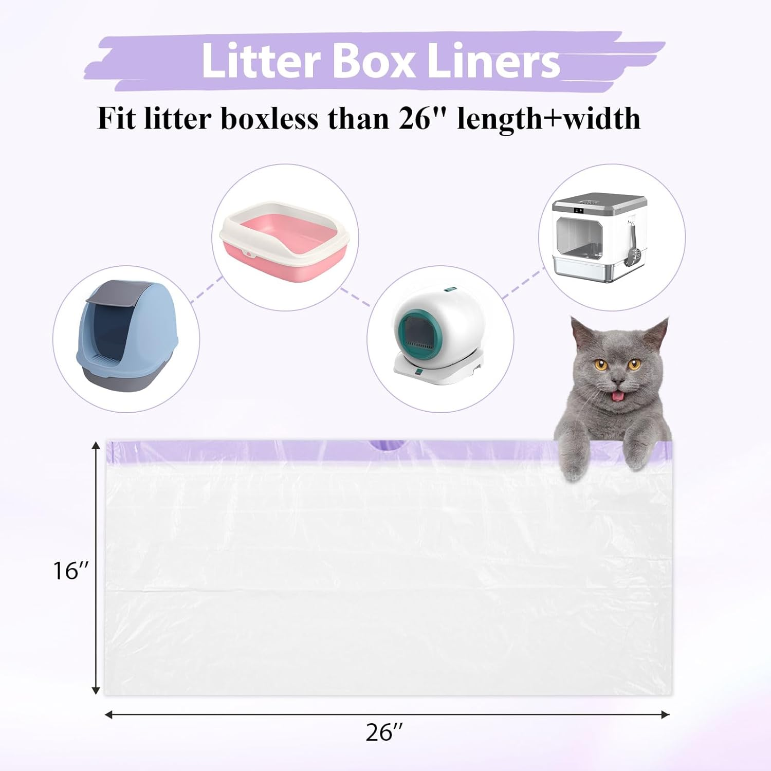 60 Pack Drawstring Cat Litter Box Liners 26" X 16" Disposable Litter Pan Liner Bags with Drawstring for Pet Cat Litter Tray image number 3
