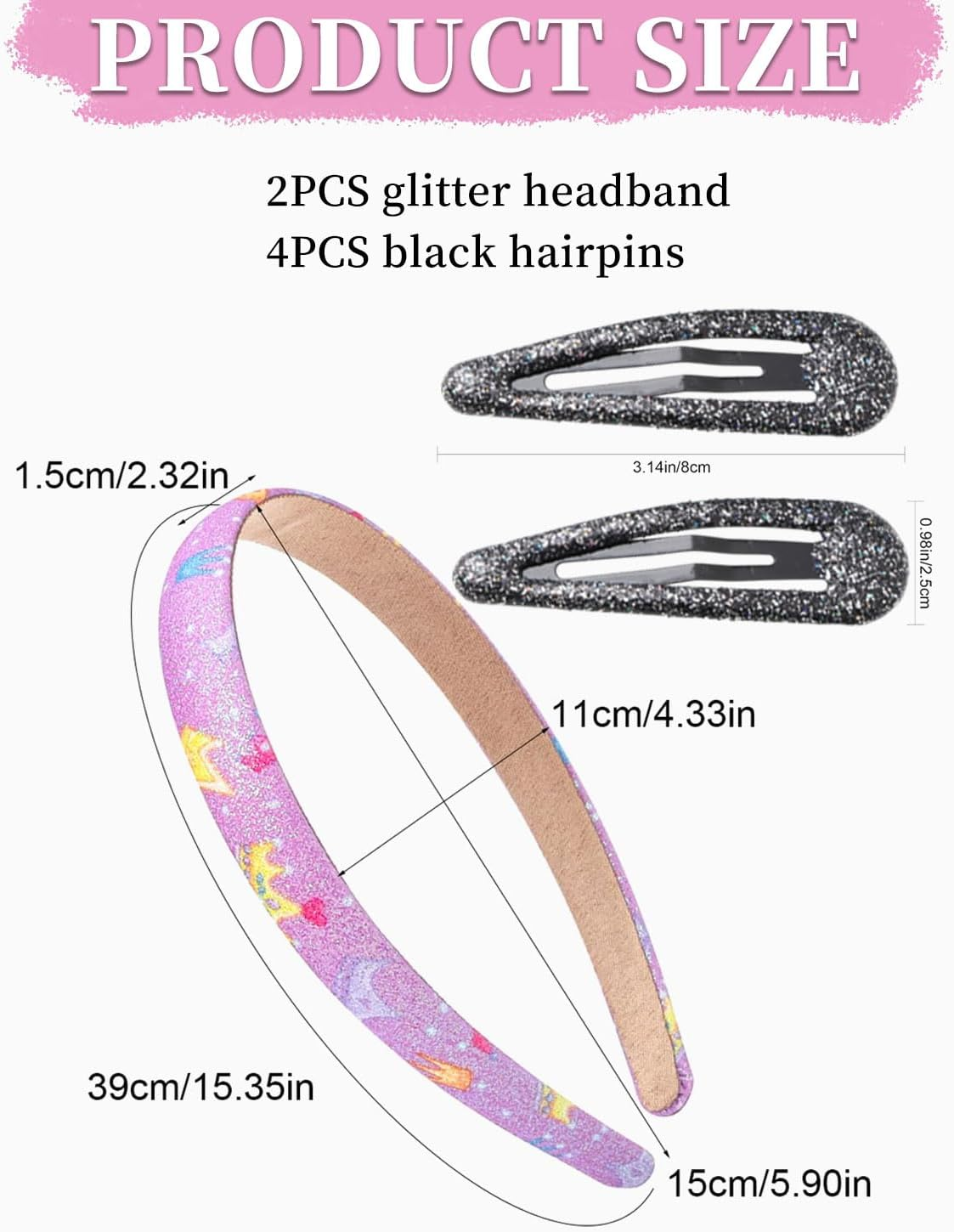 MYGLOAR 6 Pieces Glitter Headbands and Hair Clips for Girls, Cute Non-Slip Headbands with Teeth, Rainbow Coloured, Glittery, Cute Hard Hair Bands, Hair Accessories for Little Girls image number 2