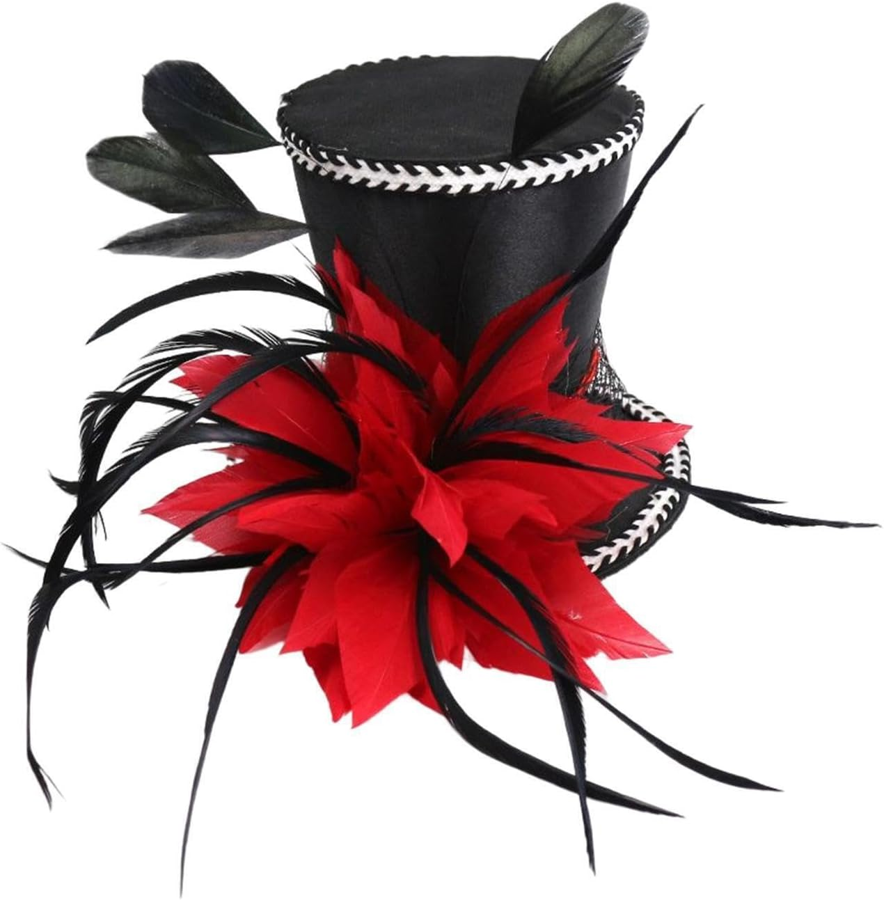 Exquisite Vintage Feather Fascinator Top Hat for Wedding Bridal Woman Fancy Dress, Red