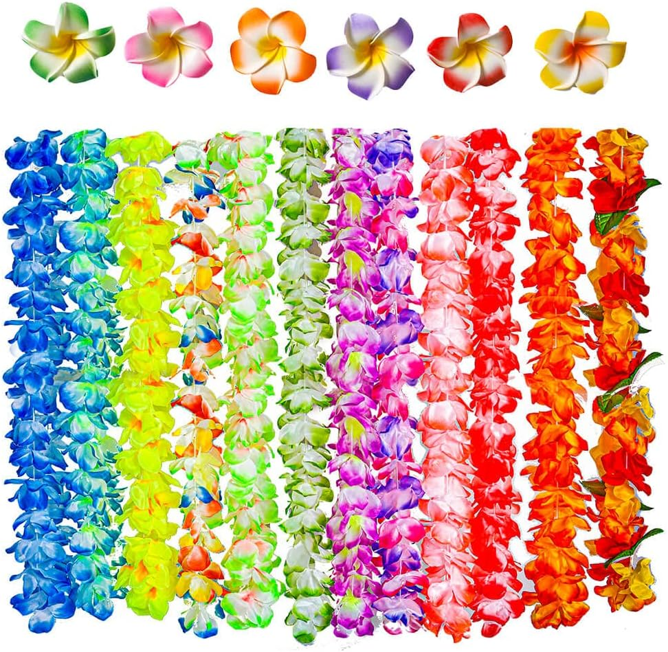 50 PCS Soft Hawaiian Leis Luau Party Decorations Tropical Party Favors Lei Hawaiian Flower Hair Clip,Headbands and Wristbands Perfect for Your Hawaii Luaus Party. image number 4