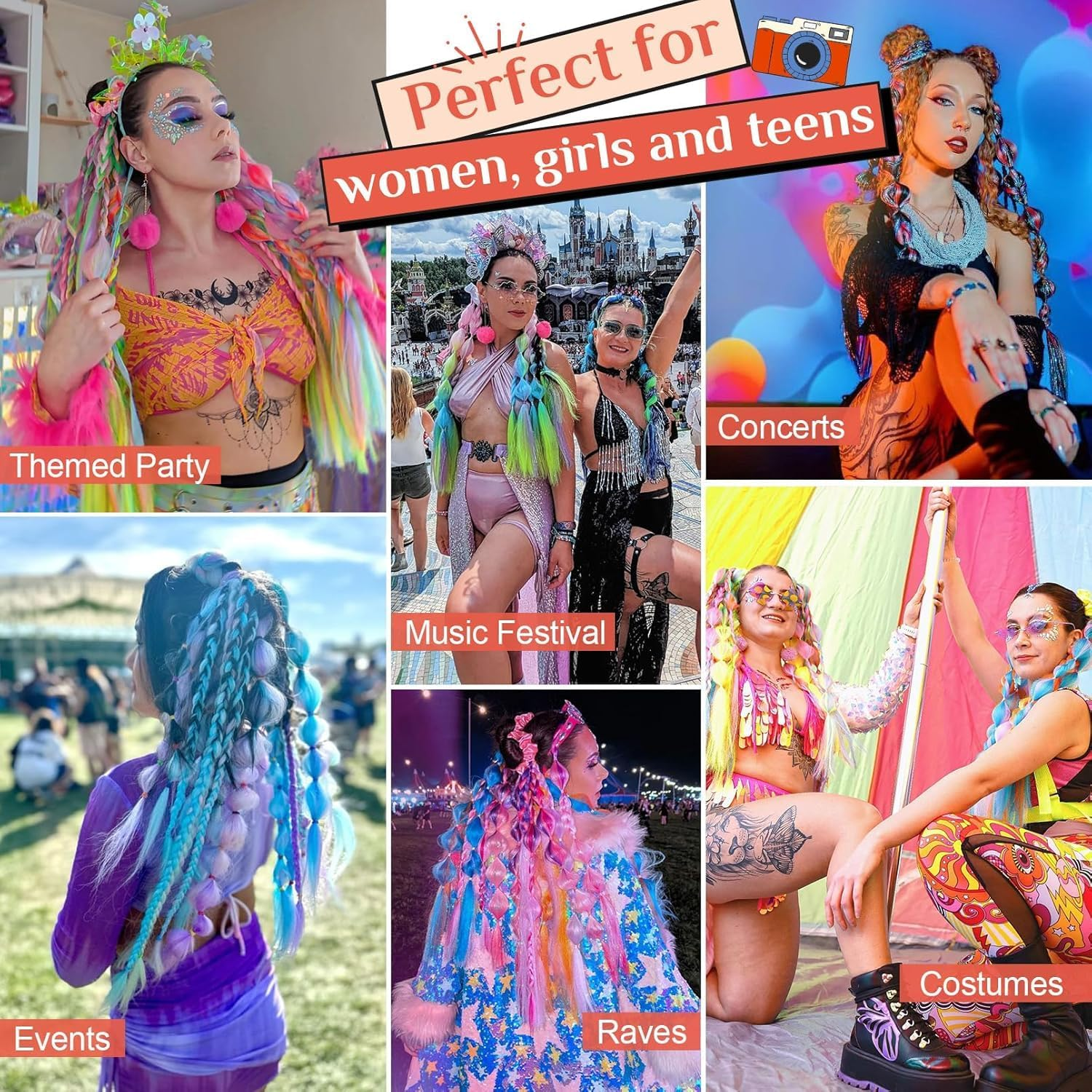 2 PACK Colorful Hair Extensions, POIUNA Upgrade 24" Long Braiding Hair Hair Extensions Braid Synthetic Fiber Hair for Women Girl Bubble Braid (Blue) (Purple)