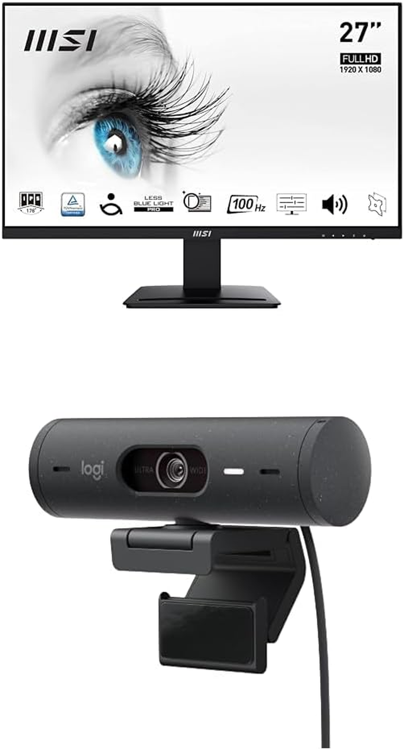 MSI PRO MP275Q 27 Inch Eye Care Ergonomic Business Computer Monitor & Logitech Brio 500 Full HD Webcam Bundle