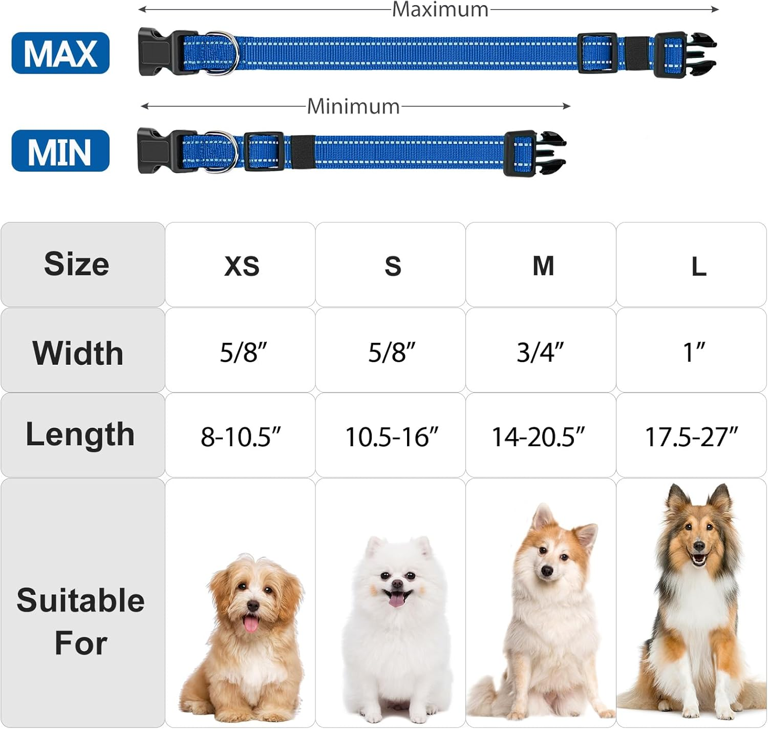Penseepet Reflective Dog Collar Padded with Soft Neoprene Breathable Quick Release Basic Dog Collars for Medium Large Dogs Blue Boy Girl image number 5