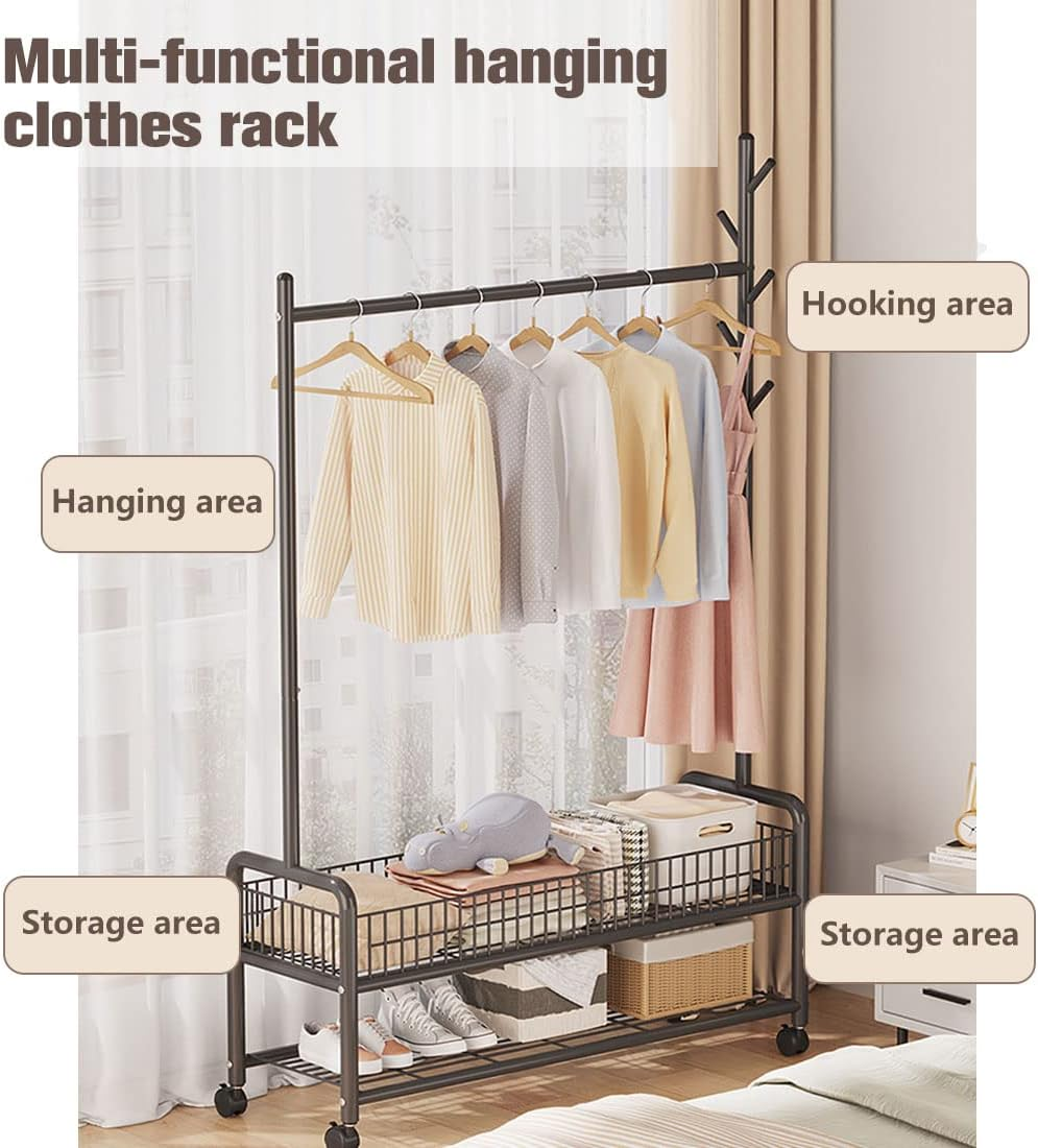 Clothes Rack Clothing Rack Rolling Organizer with Wheels Bottom Shelves Double Tiers for Multipurpose image number 2