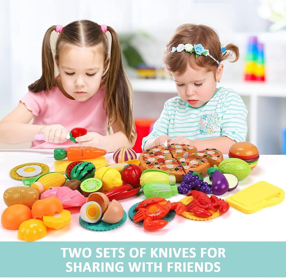 Kaekid Cutting Play Food Toys for Kids Kitchen, Pretend Role Play Toys with Basket, Preschool Educational Toy for Toddlers Boys Girls image number 5